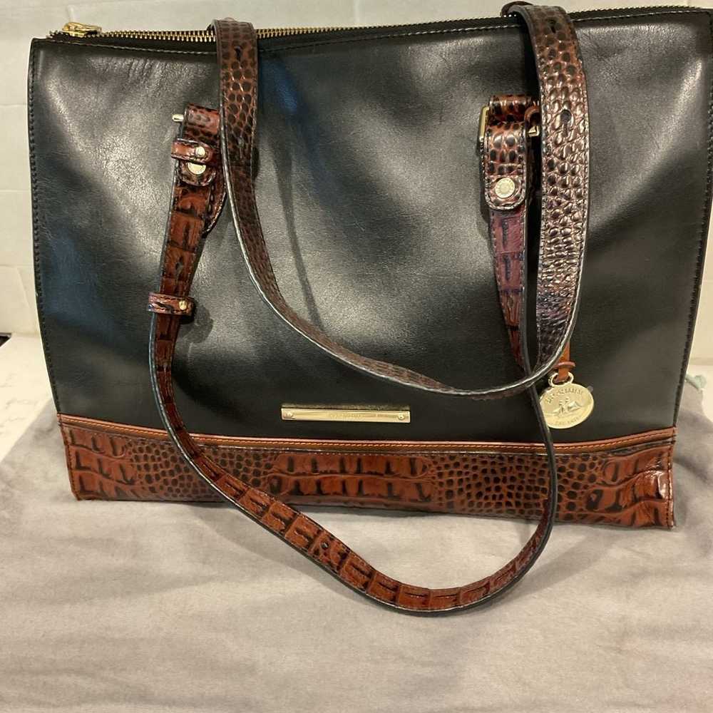 Brahmin Vintage Black Leather Tote Bag w/Croc Trim - image 2