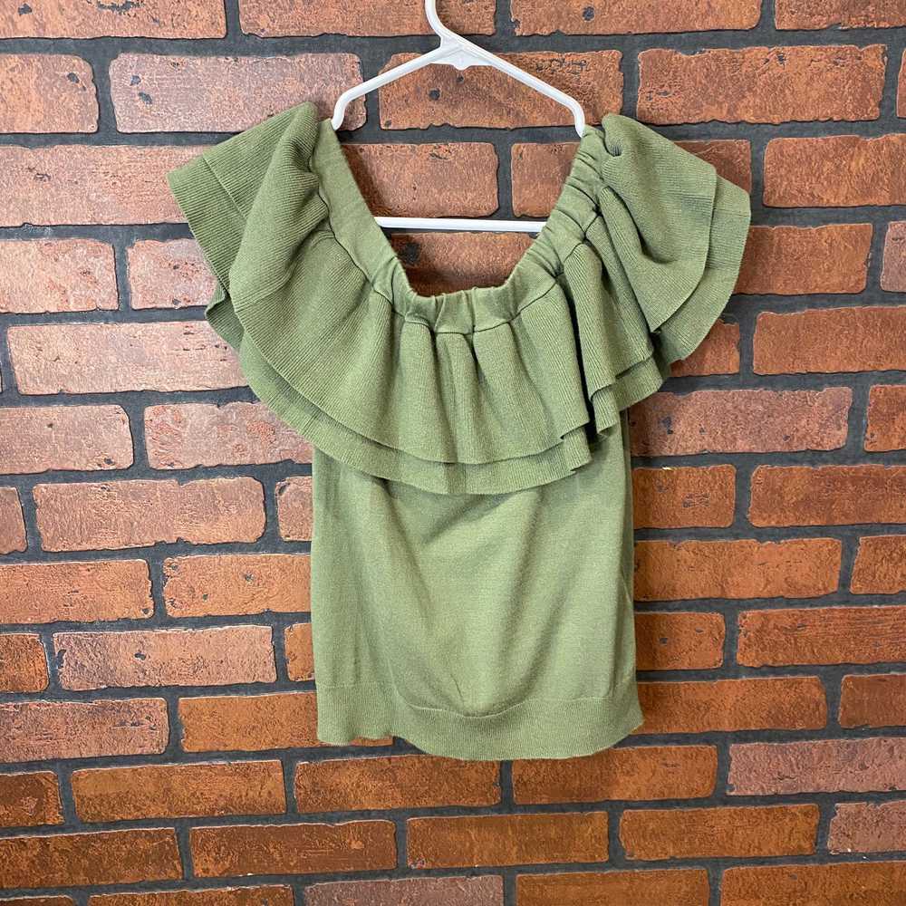 J Crew Green Sweater Off the Shoulder Ruffle Tank… - image 1