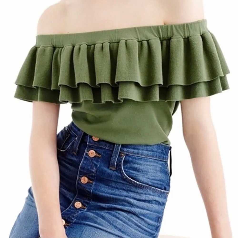 J Crew Green Sweater Off the Shoulder Ruffle Tank… - image 3