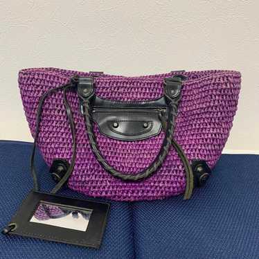 Balenciaga Raffia Material Basket Bag Purple Straw