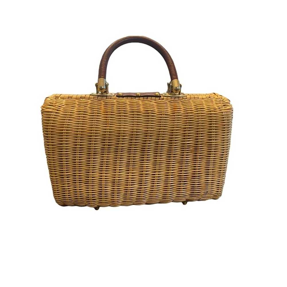 Woven Wicker Purse Box Bag Hand Bag Leather & Stu… - image 6