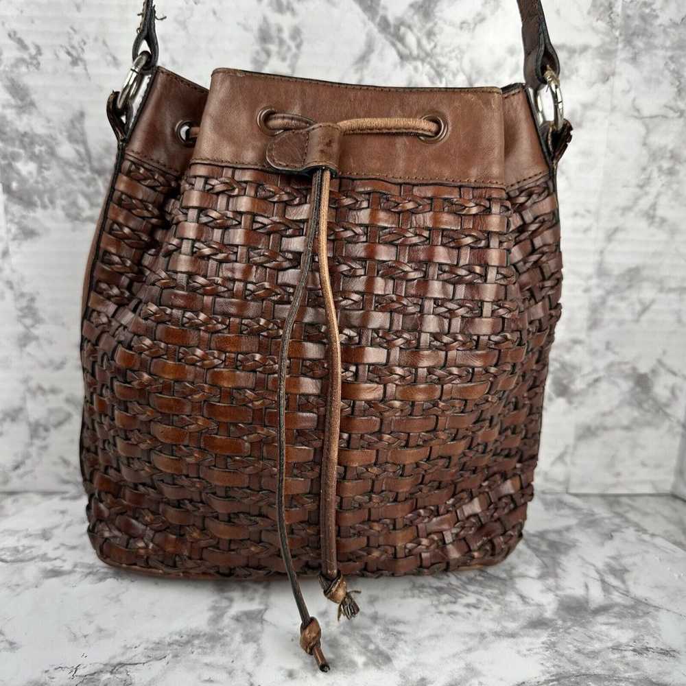 Vintage Dillards Brown Leather Woven Drawstring B… - image 2