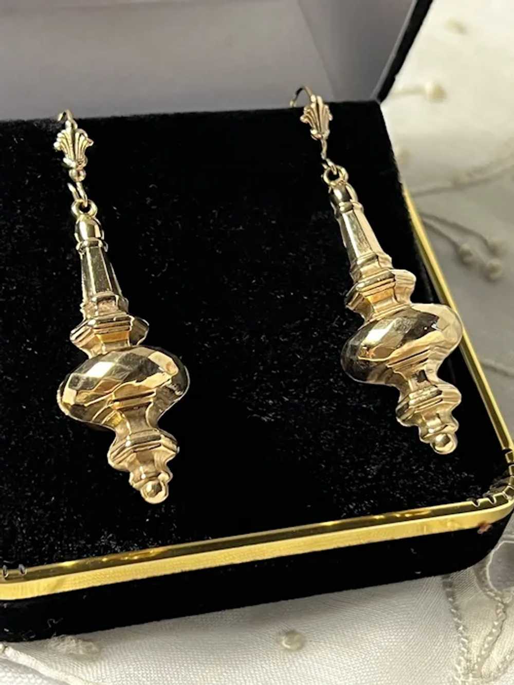 9 KT Gold Fancy Ear Drop Pendants-English Estate - image 2