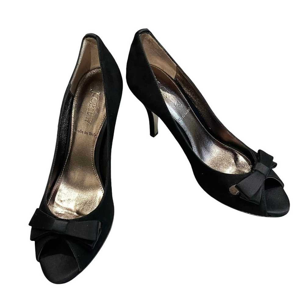 NWOT, J. Crew Black Suede Satin Bow Peep Toe Heel… - image 1