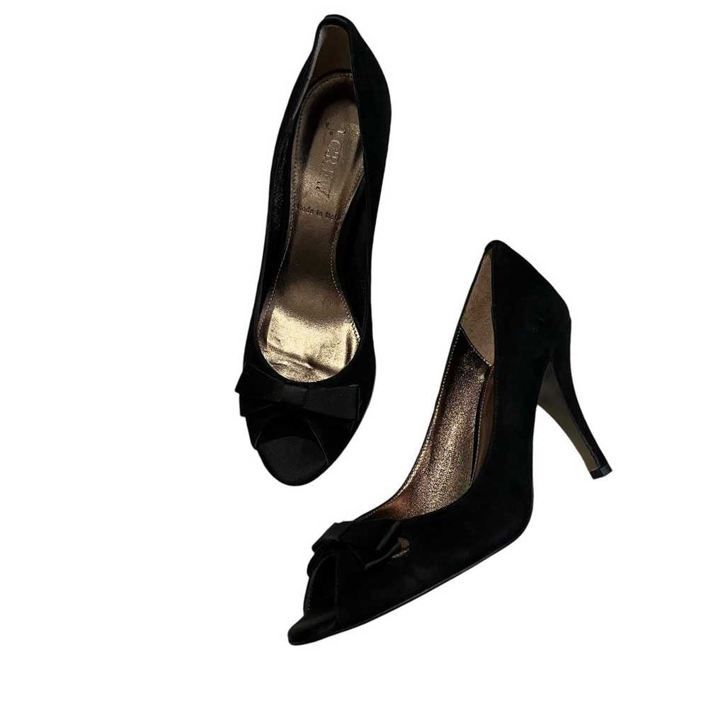 NWOT, J. Crew Black Suede Satin Bow Peep Toe Heel… - image 2