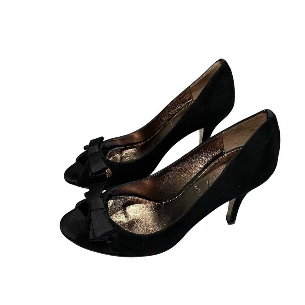 NWOT, J. Crew Black Suede Satin Bow Peep Toe Heel… - image 4