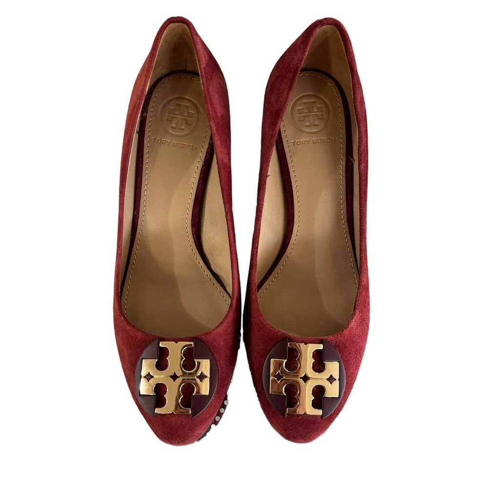 Tory Burch Claire Suede Wedge Size 5 Red Burgundy - image 3