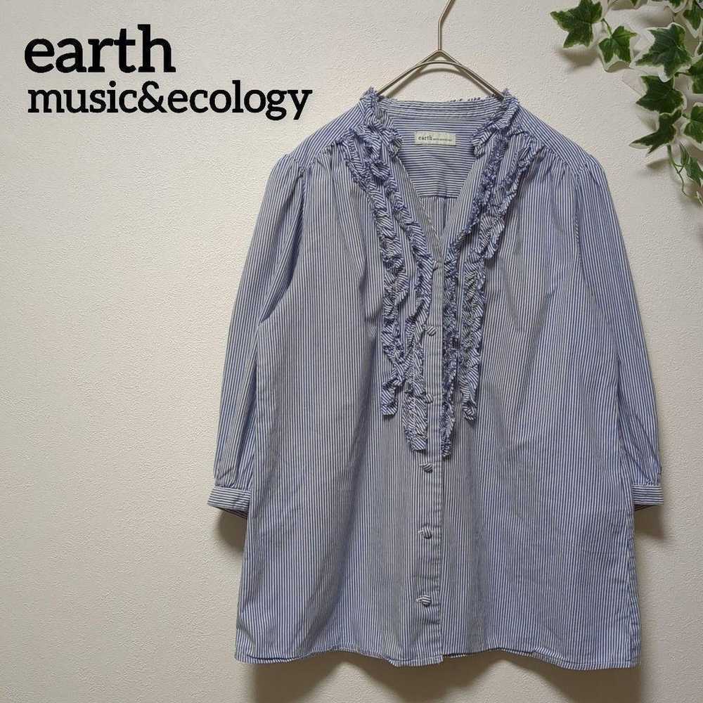 【earth music & ecology】Frill Striped Blouse V-Neck - image 1