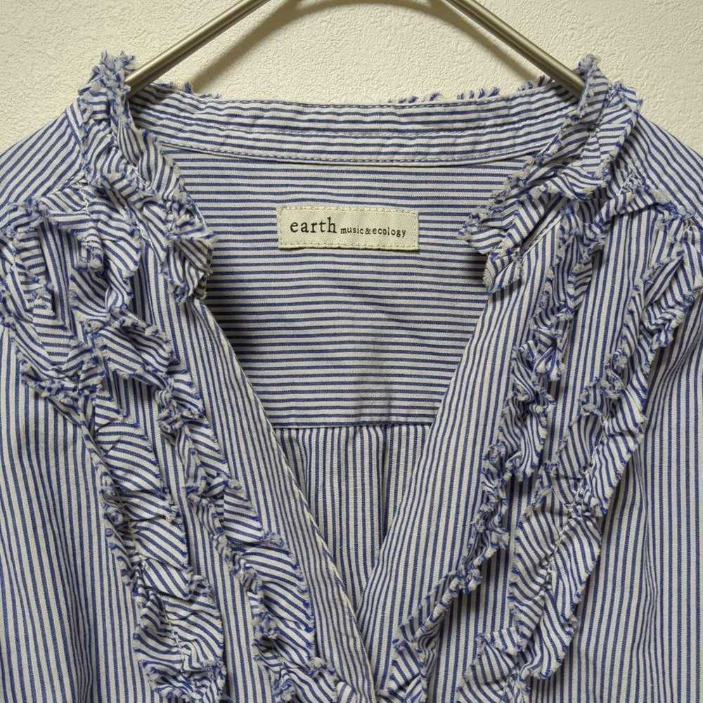 【earth music & ecology】Frill Striped Blouse V-Neck - image 2