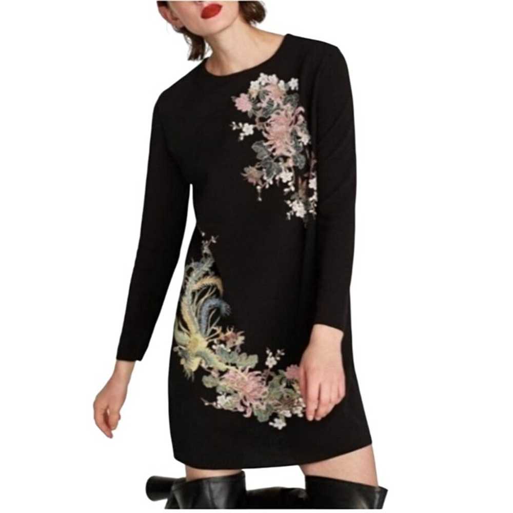 Zara Asian Inspired Dress Size S Black Floral Emb… - image 2