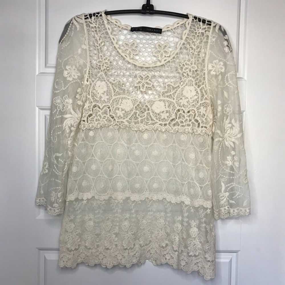 Zara Basic Sheer Lace Crochet Top Women's M Boho … - image 2