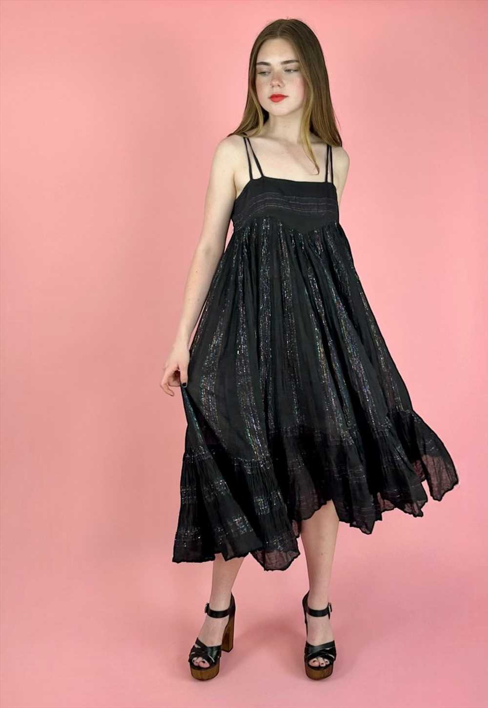 70's Vintage Black Lurex Metallic Slip Full Smock… - image 1