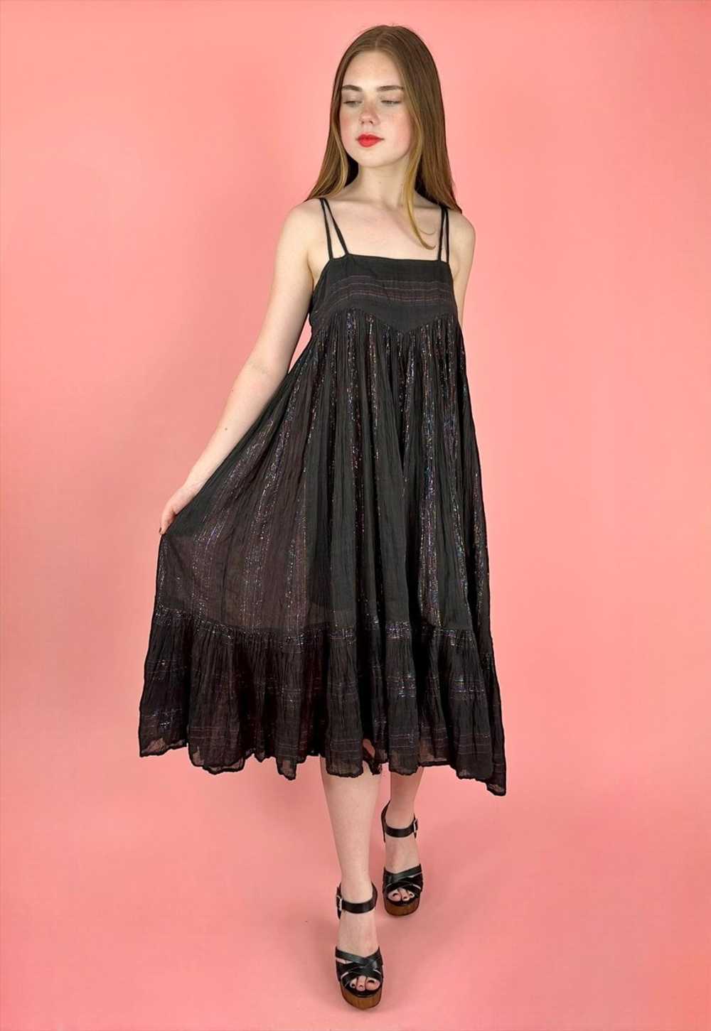 70's Vintage Black Lurex Metallic Slip Full Smock… - image 2