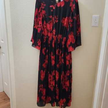 H&M  red and black pleated floral midi dress