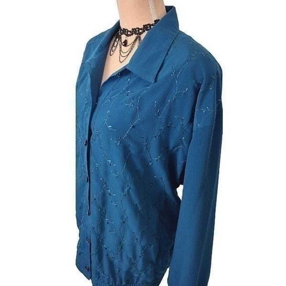 80s Vntg Turquoise Embroidered Button Down Long S… - image 3