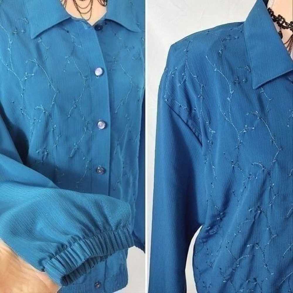 80s Vntg Turquoise Embroidered Button Down Long S… - image 7