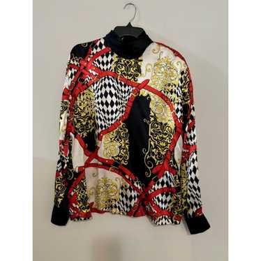 Vintage Escada Baroque Buckle Print Blouse Mock Ne