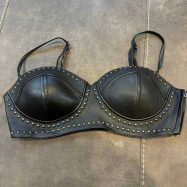 Vintage Studded Genuine Black Leather Bralette Ad… - image 1