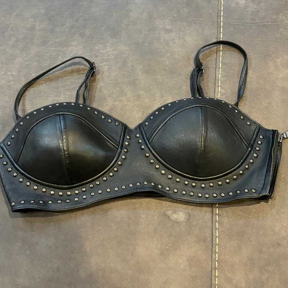 Vintage Studded Genuine Black Leather Bralette Ad… - image 2