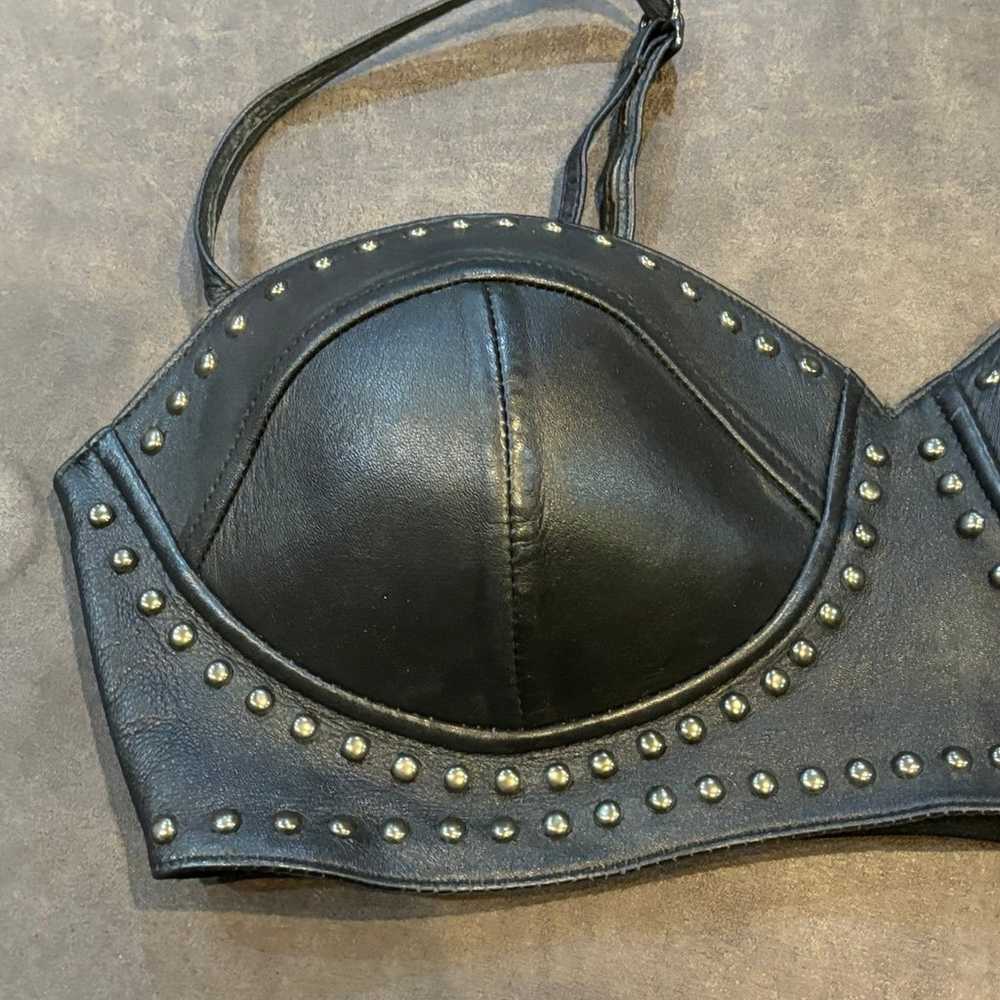 Vintage Studded Genuine Black Leather Bralette Ad… - image 3