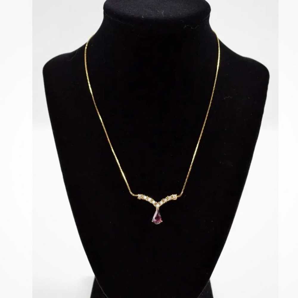 Vtg MI Gold Tone CHOKER Necklace w/ Purple Teardr… - image 2