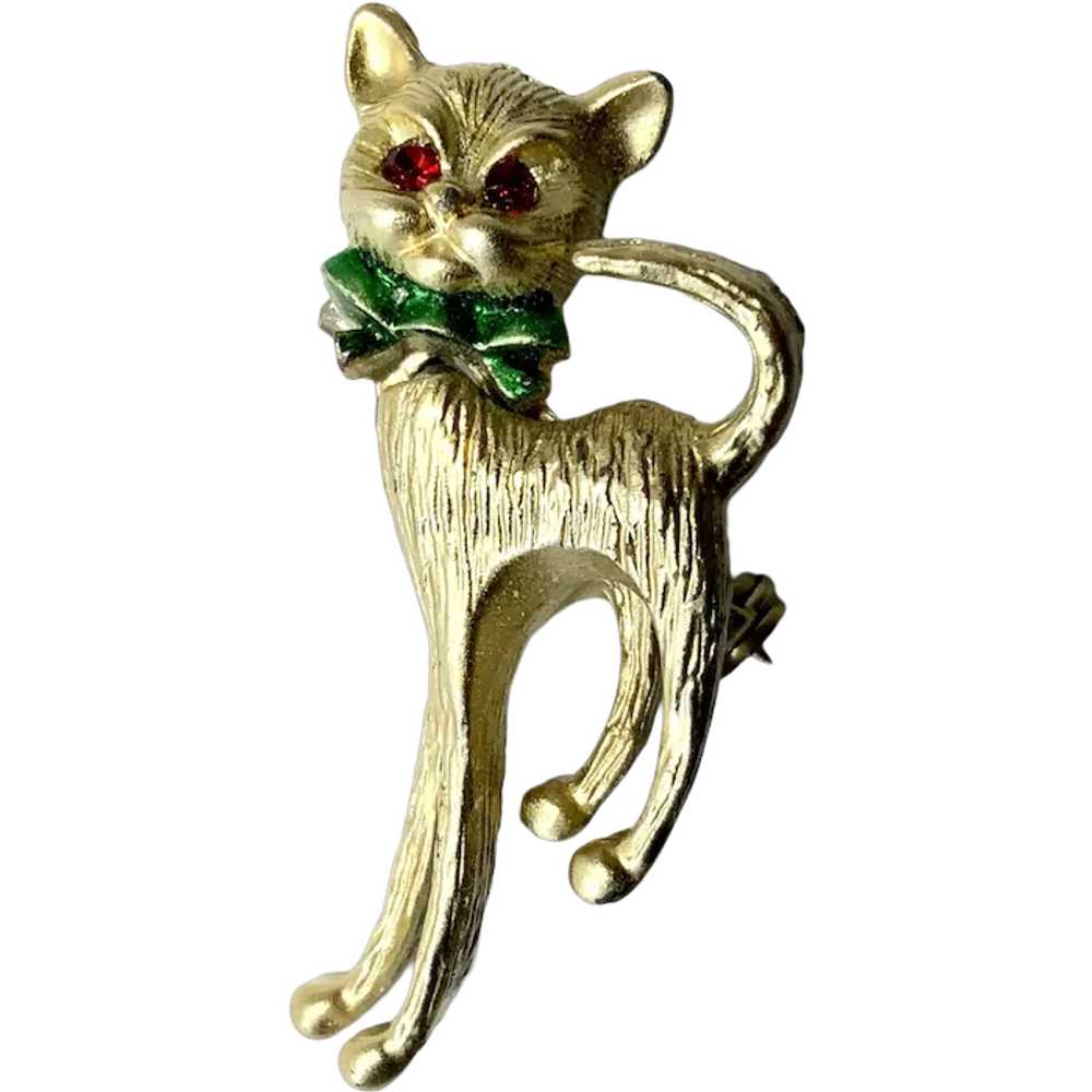 Vintage Cat Pin Brooch Bobble Head Gold Tone Jewe… - image 1