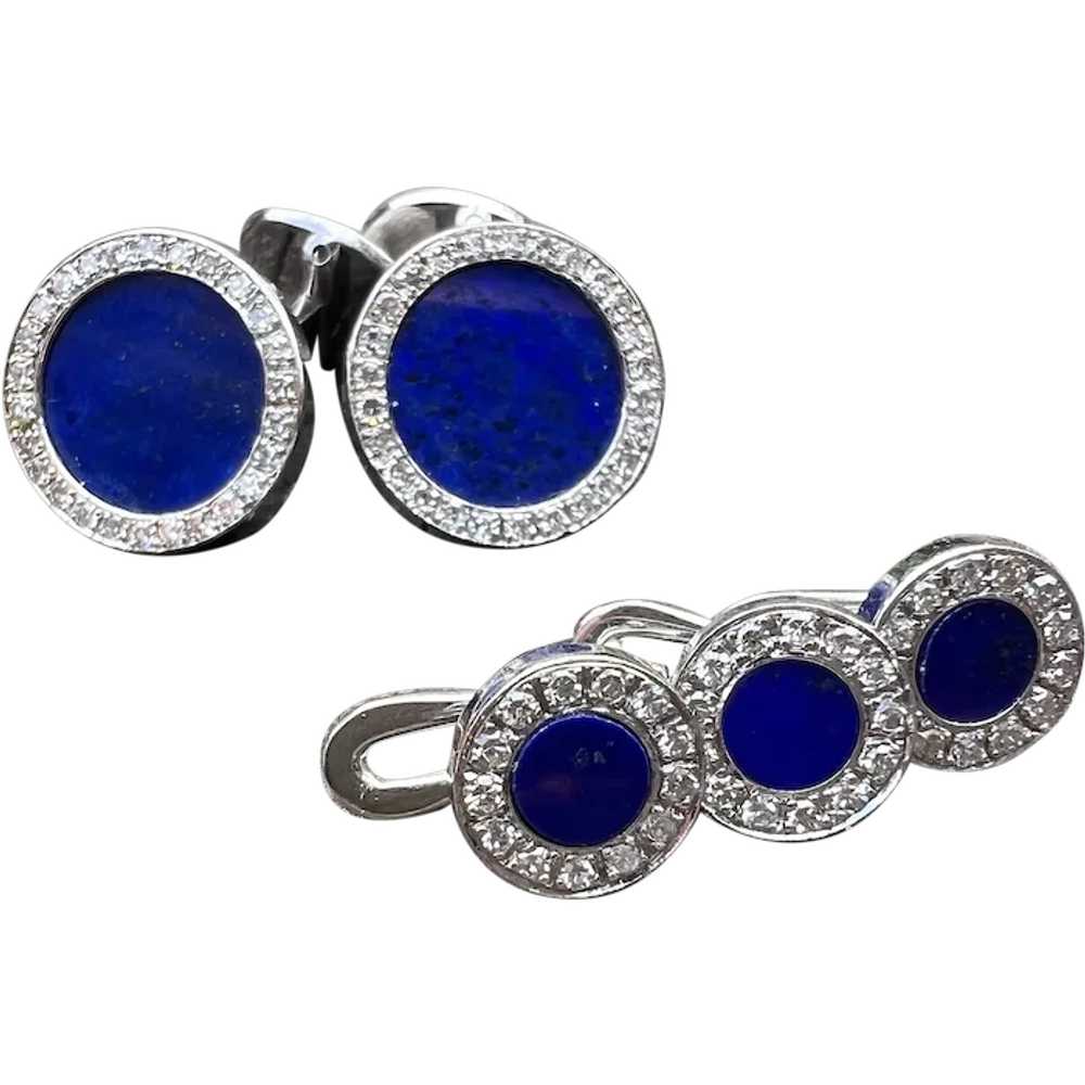 18K White Gold Lapis and Diamond Cufflinks and St… - image 1