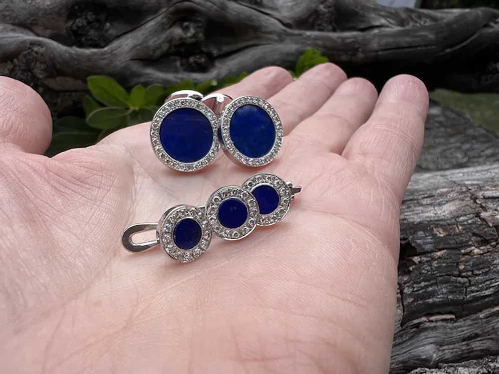 18K White Gold Lapis and Diamond Cufflinks and St… - image 2