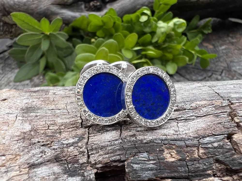 18K White Gold Lapis and Diamond Cufflinks and St… - image 3