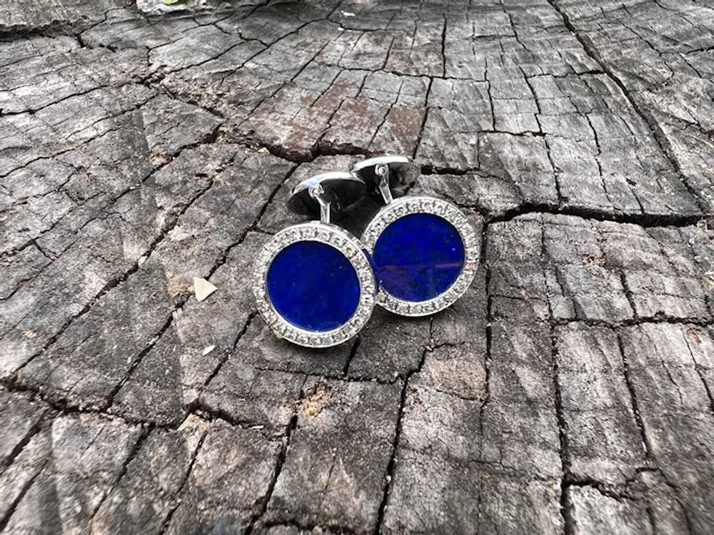 18K White Gold Lapis and Diamond Cufflinks and St… - image 5