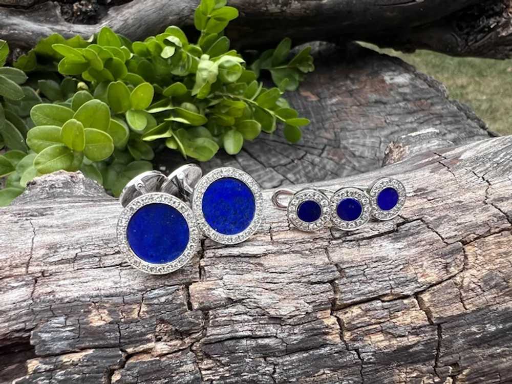 18K White Gold Lapis and Diamond Cufflinks and St… - image 8