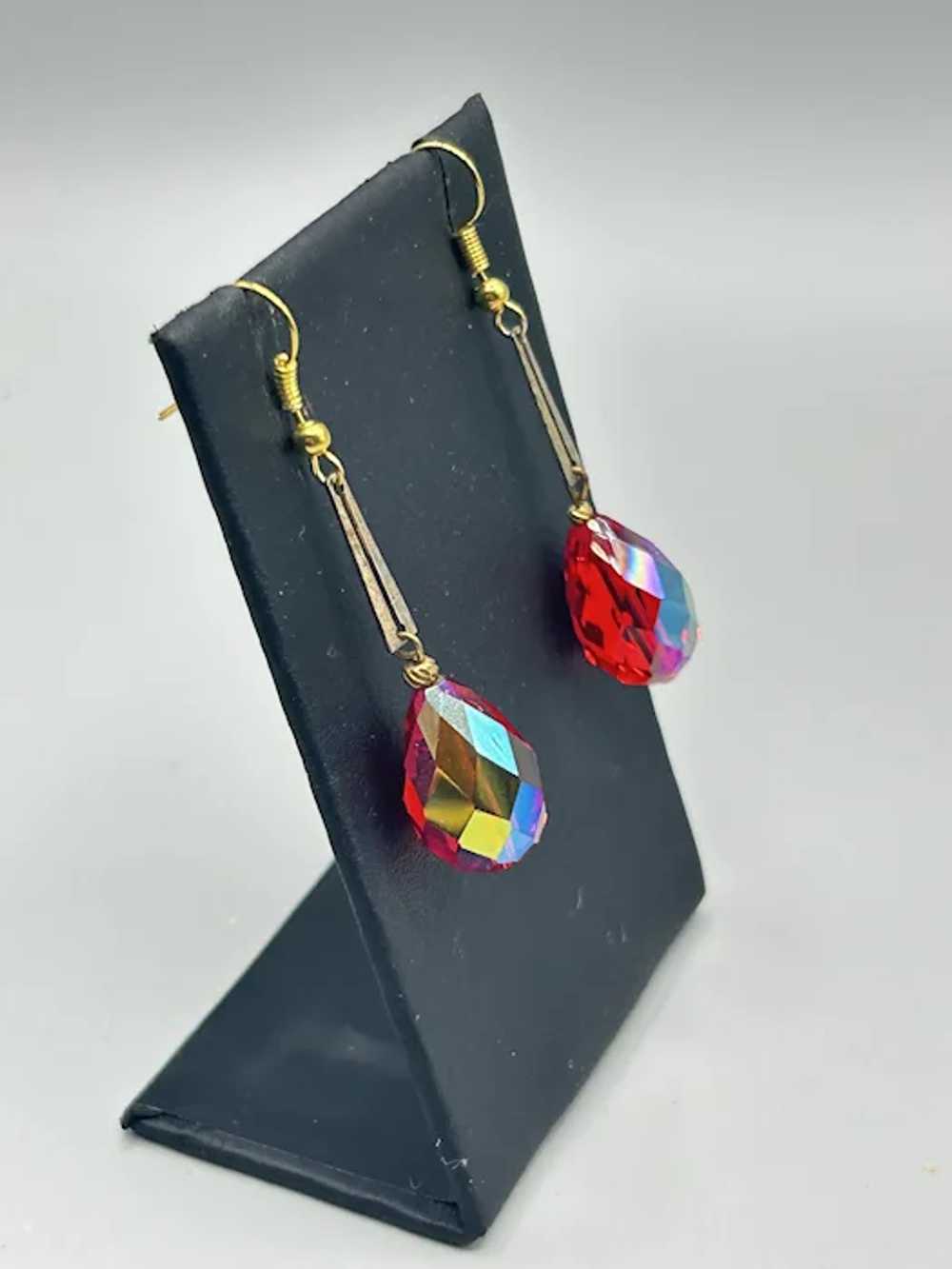 Vintage Red Crystal Drop Earrings Aurora Borealis… - image 2