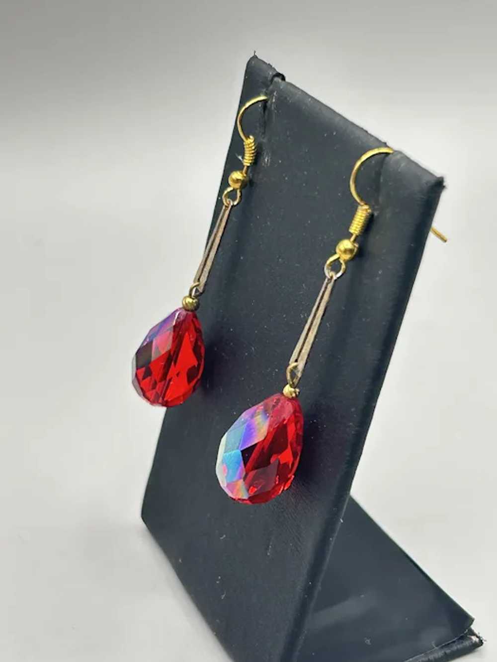 Vintage Red Crystal Drop Earrings Aurora Borealis… - image 3