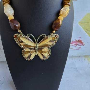 Vintage Joan Rivers Brown Beaded Butterfly Neckla… - image 1