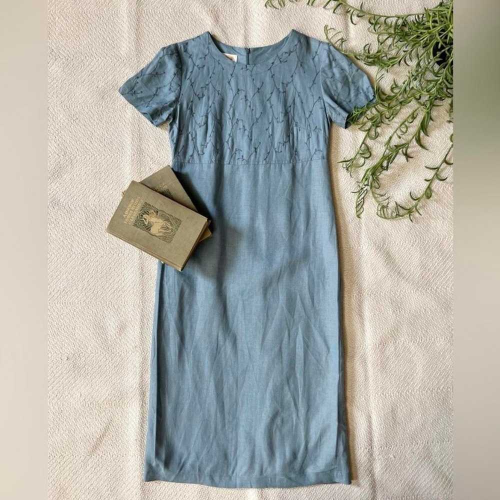 Vintage 90s Embroidered Linen Blue Midi Dress siz… - image 1