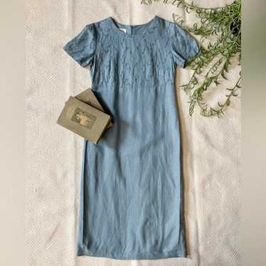 Vintage 90s Embroidered Linen Blue Midi Dress siz… - image 1