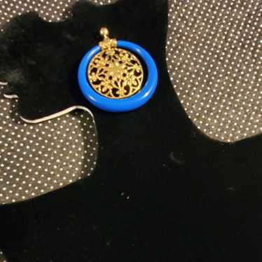 Vintage Joan Rivers Large Hoop Blue and Goldtone … - image 1