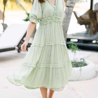 Green ruffle trim midi dress