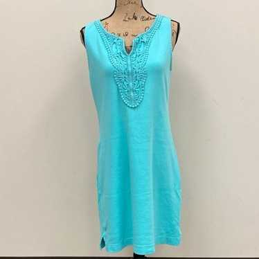 Talbots aqua cotton knit sleeveless crocheted v n… - image 1