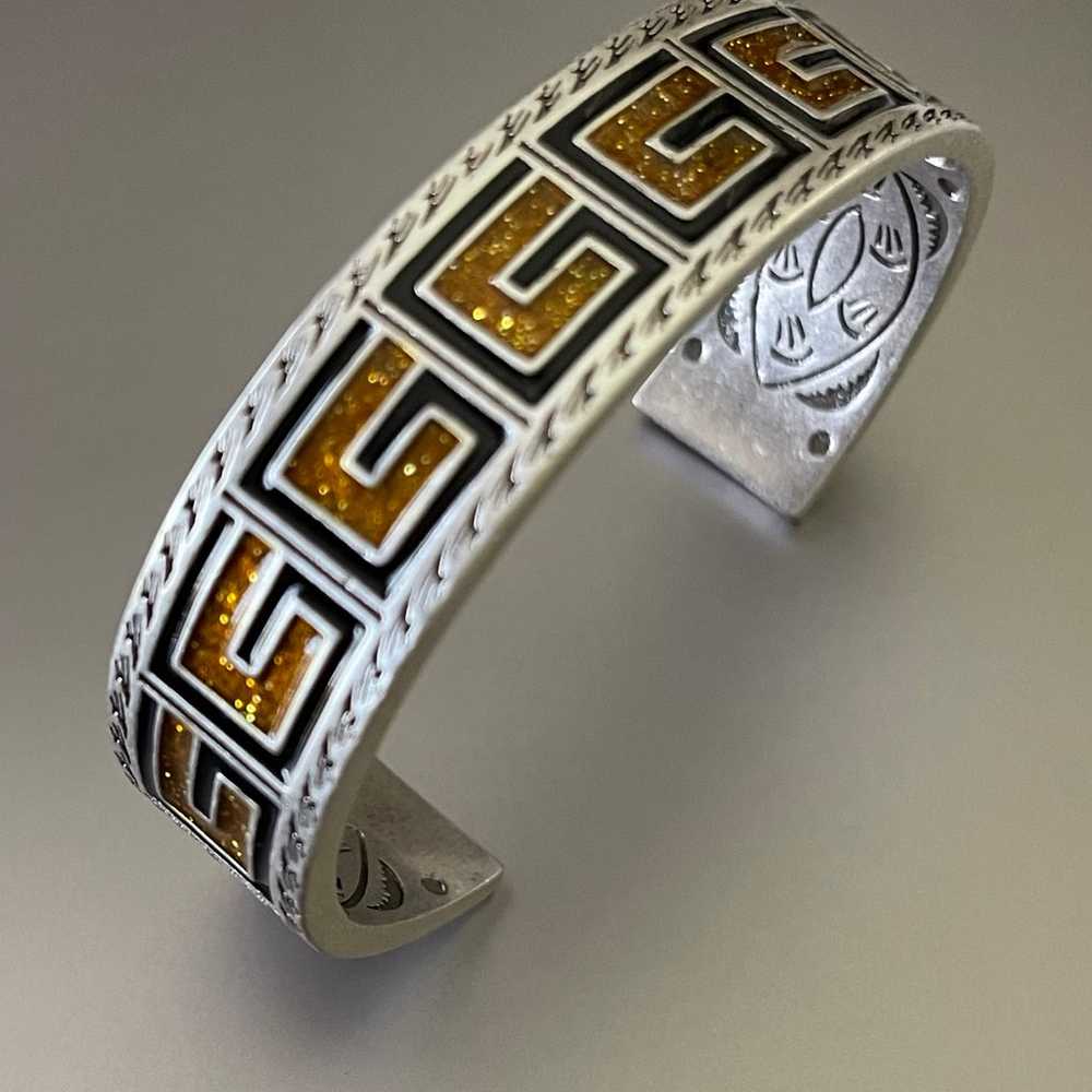 Vintage Silver tone Brass Logo Cuff Bracelet - image 3