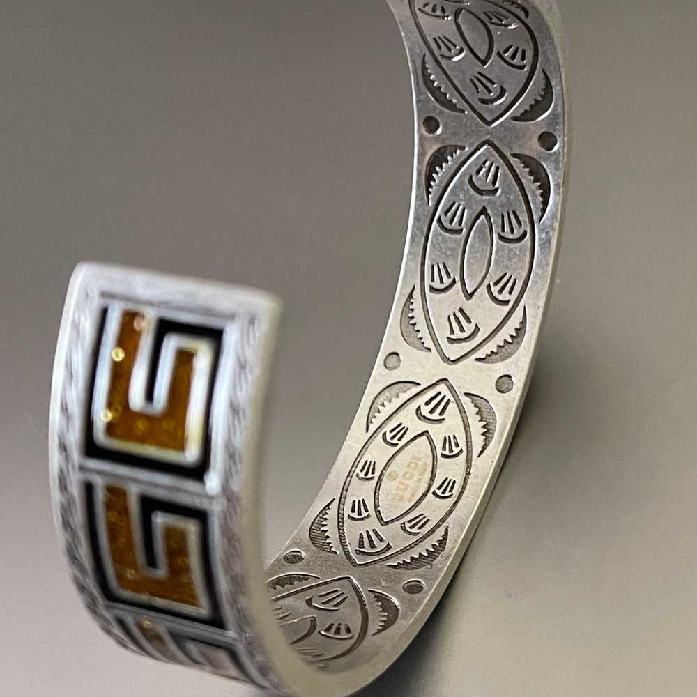 Vintage Silver tone Brass Logo Cuff Bracelet - image 5