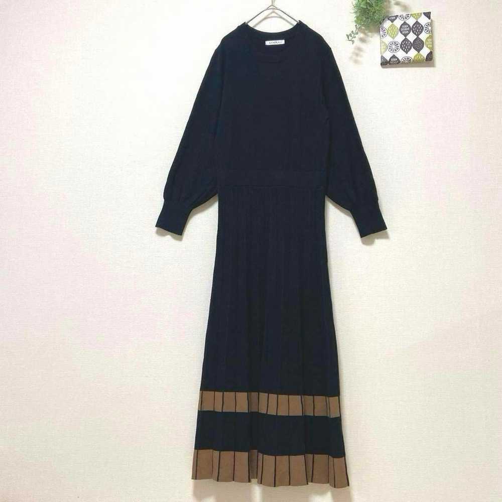 【RAMIRAL】 Long Knit One-piece Black Pleated Bicol… - image 1