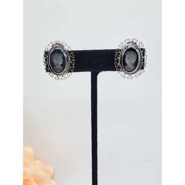 Vintage Silver Black glass cameo clip on earrings - image 1