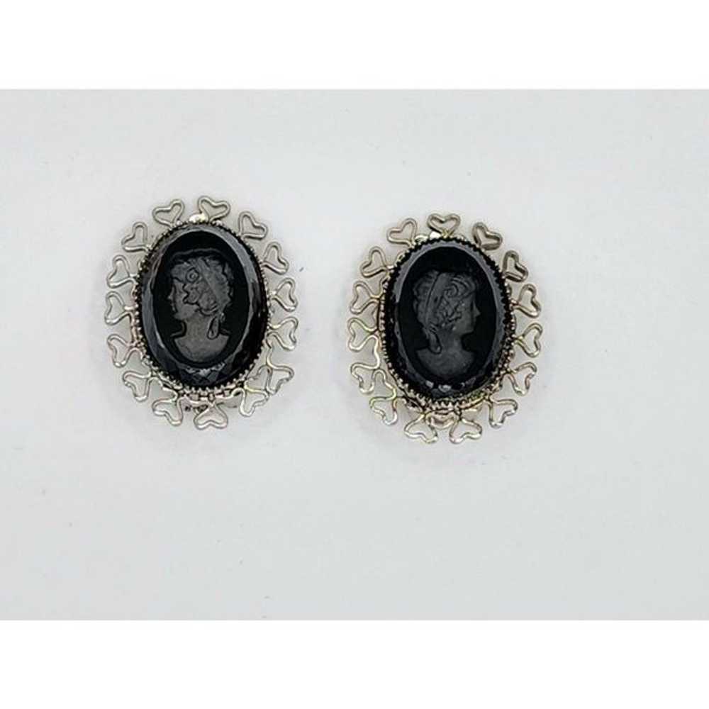 Vintage Silver Black glass cameo clip on earrings - image 5