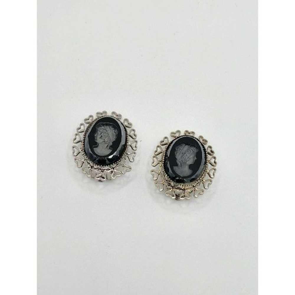 Vintage Silver Black glass cameo clip on earrings - image 6