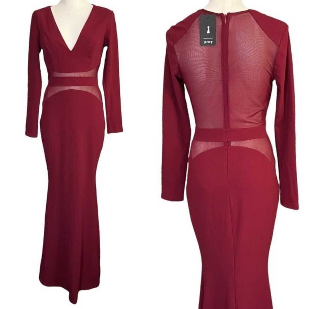 Burgundy Floor Length Grown Deep V-Neckline Mesh … - image 1