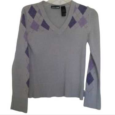 DKNY Sweater Argyle Gray Purple V Neck DKNY Jeans 