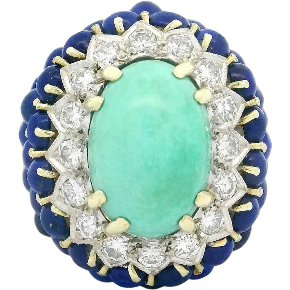 Vintage 14k Gold Cabochon Lapis Turquoise & Diamo… - image 1