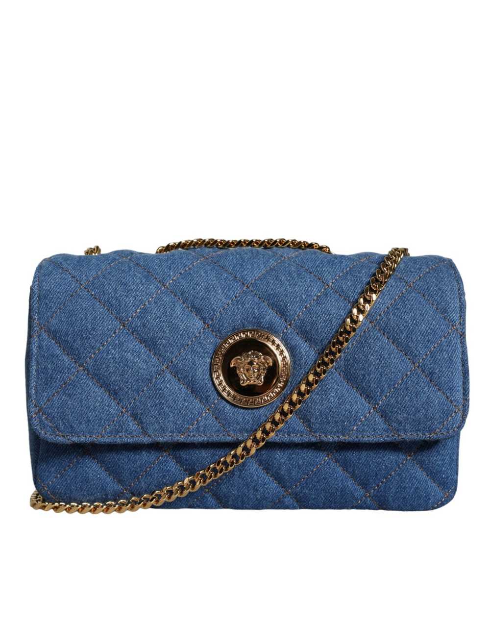 Versace Blue Quilted Denim Leather Crossbody Shou… - image 1