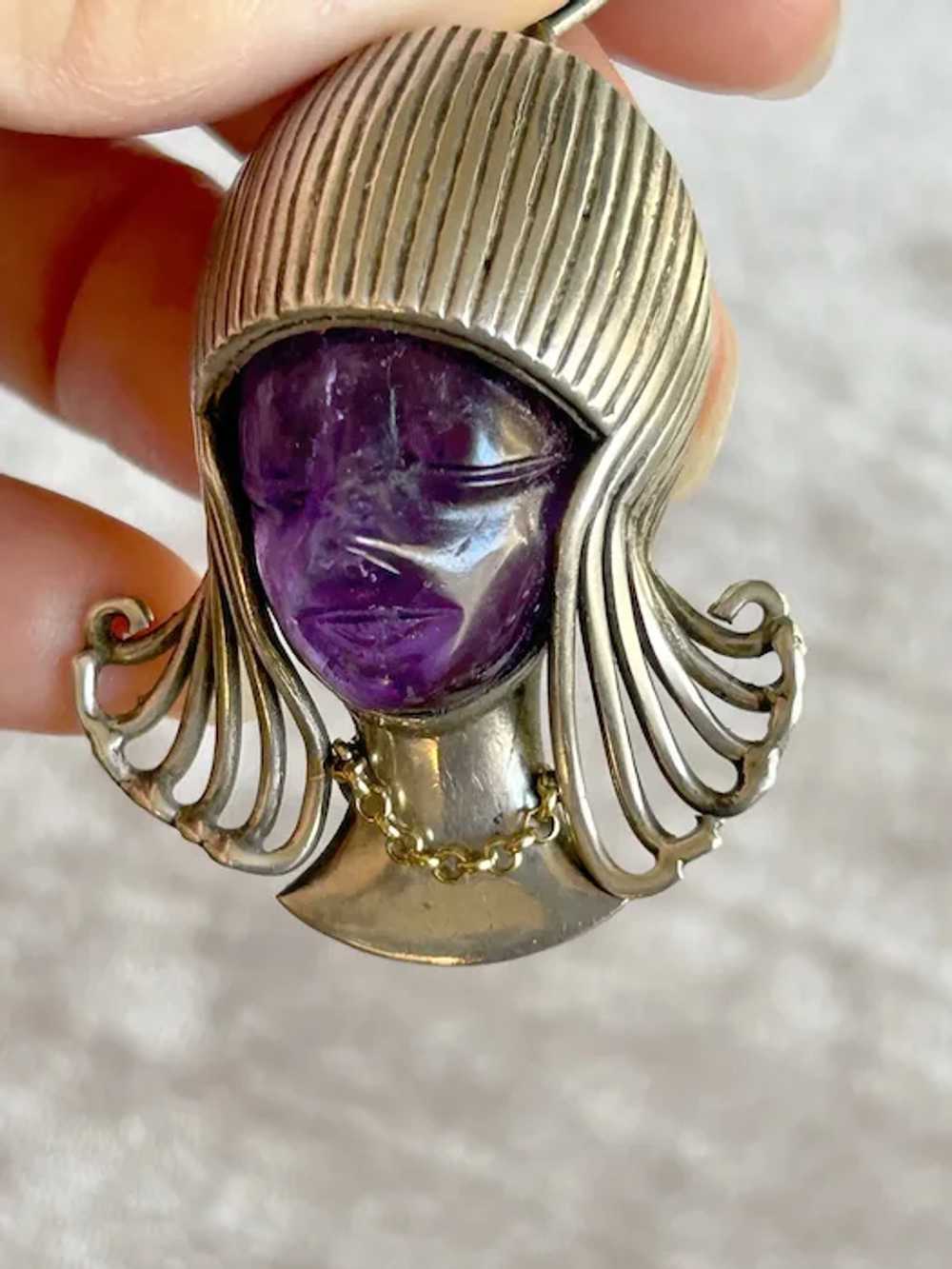 Large Rare Vintage Sterling Carved Amethyst Lady … - image 2